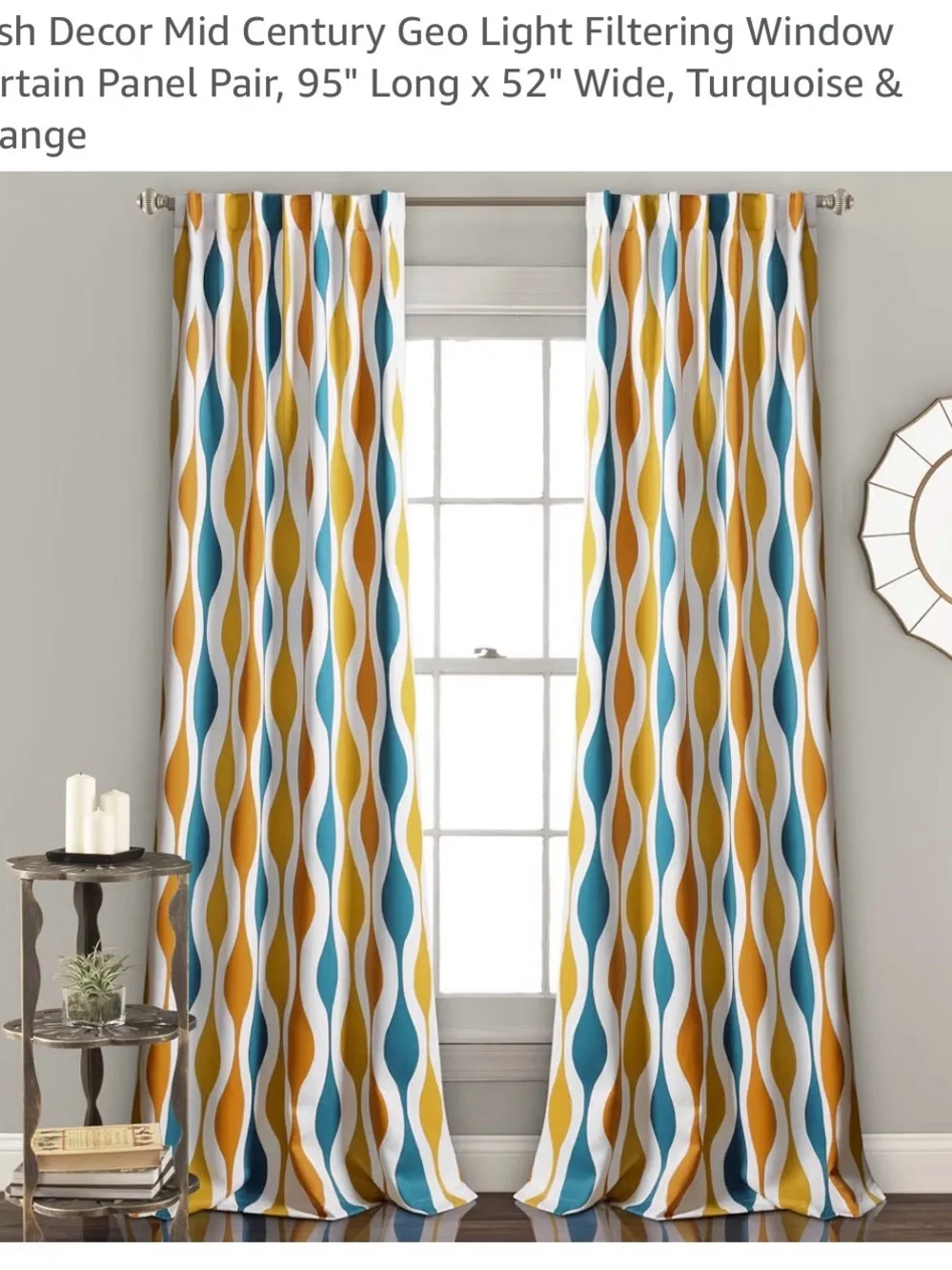 Mid-Century Geo Light-Filtering Curtain Panel Pair - Turquoise & Orange 95x52